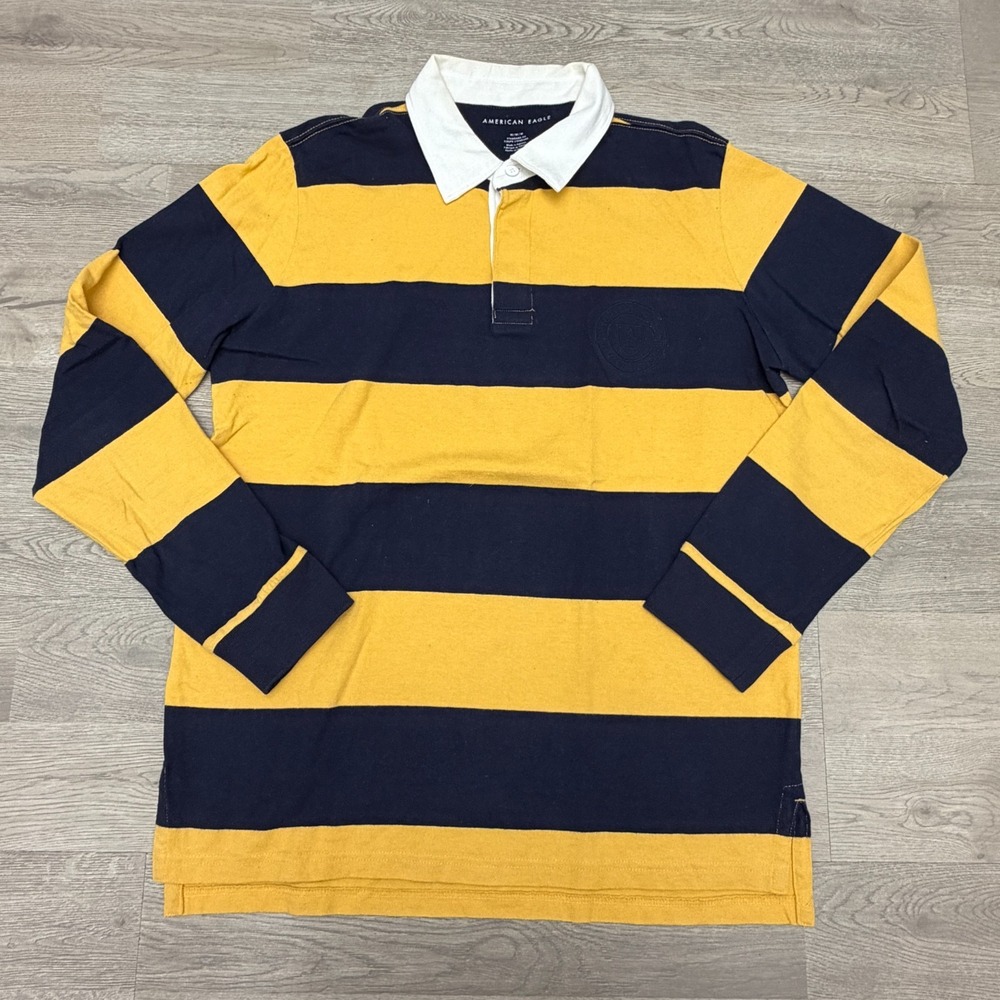American Eagle Rugby Shirt Mens M Navy Yellow Stripe Long Sleeve Preppy Cotton